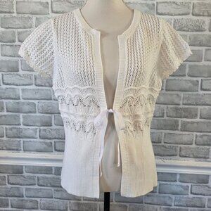 Van Heusen Tie Front Open Cardigan Sweater White Med Cottage Granny Feminine Cot